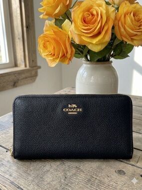 Coach Long Skinny Refined Smooth Black   Leather Wallet with Gold Logo (58586)